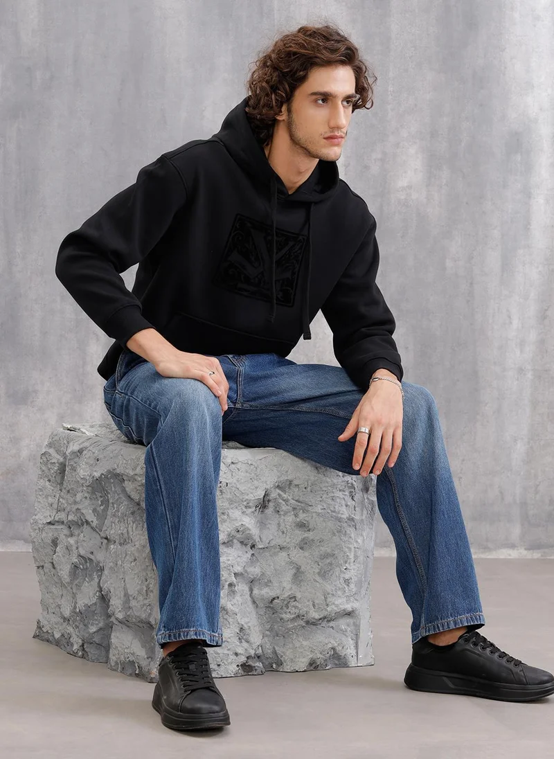 روجن Adorned Logo In Velvet Flock Print On Oversized Hoodie Pullover | Black